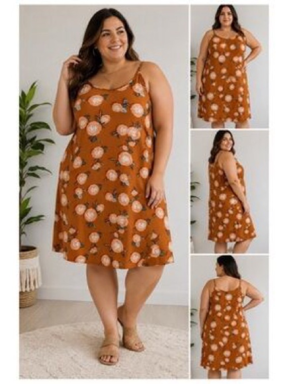 Floral Slip Midi Dress in Rust with Peach Blooms